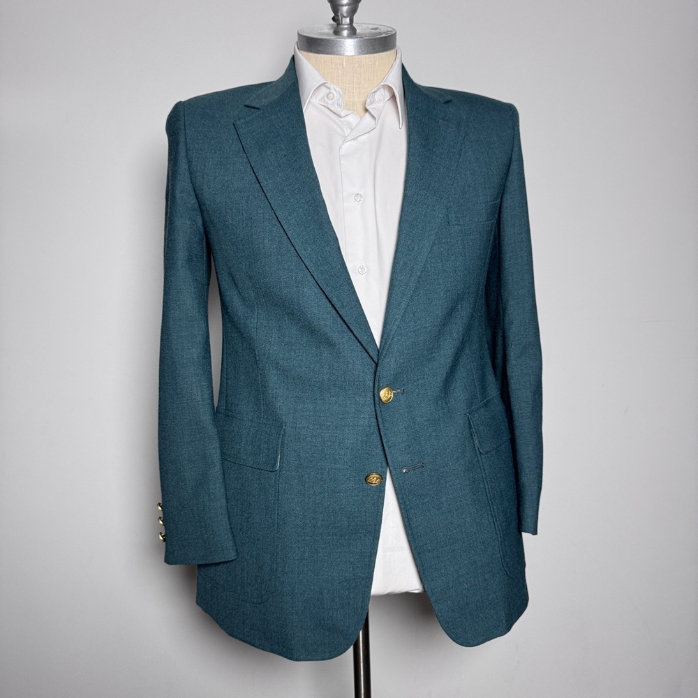 Stafford Blazer Mens 43R Teal Solid Gold Crest Button Single Vent Sport Coat